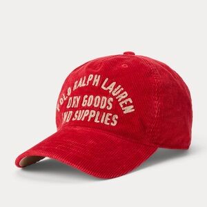 Ralph Lauren Red Corduroy Hat with Cream Embroidery